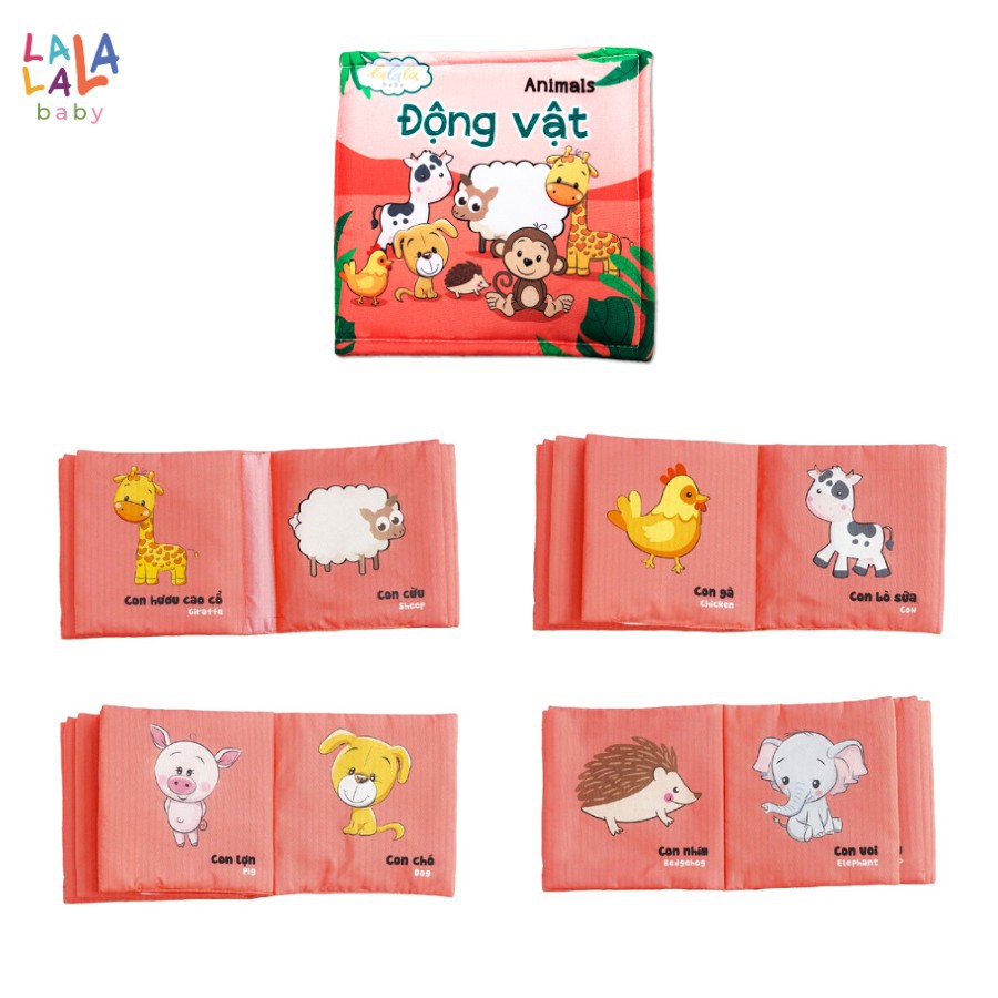 Combo 3 cuốn sách vải Lalala baby, kích thích đa giác quan, kích thước 15x15cm 12 trang (hình khối, hoa quả, động vật)