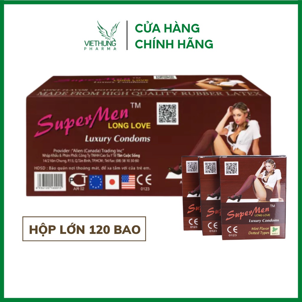 Bao cao su siêu mỏng Supermen chính hãng, bao cao su gân gai kéo dài thời gian - Hộp 120 cái