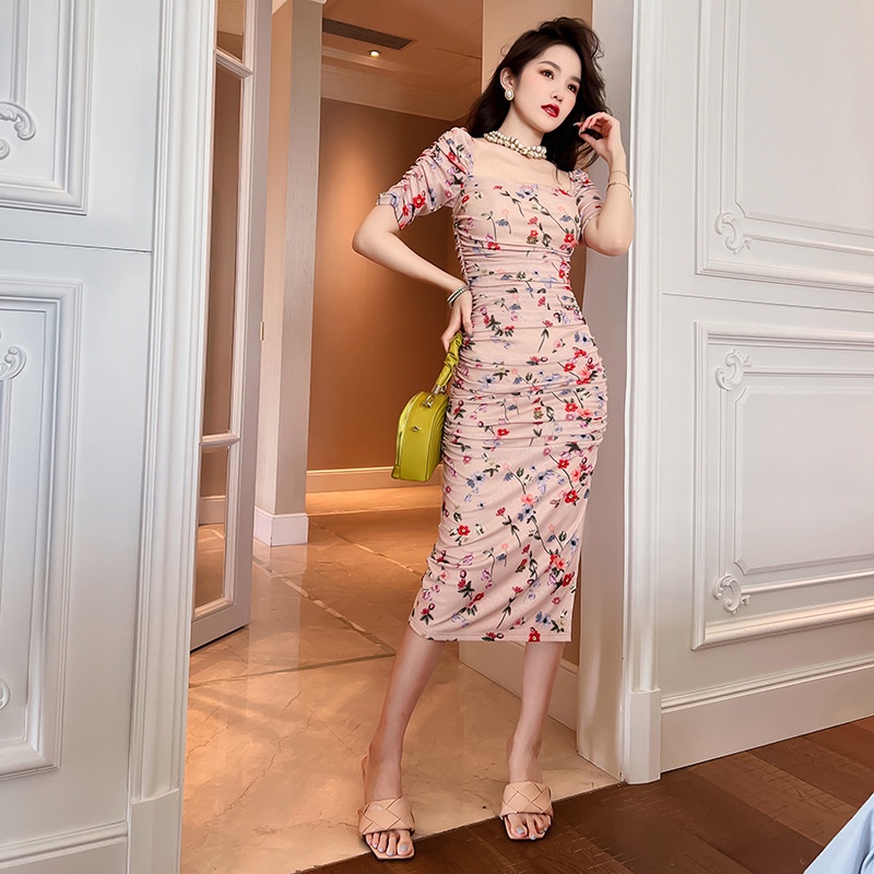 ZYHT  Đầm Cổ Vuông Họa Tiết Hoa Phong Cách Retro Pháp Thời Trang Cho Nữ 10141