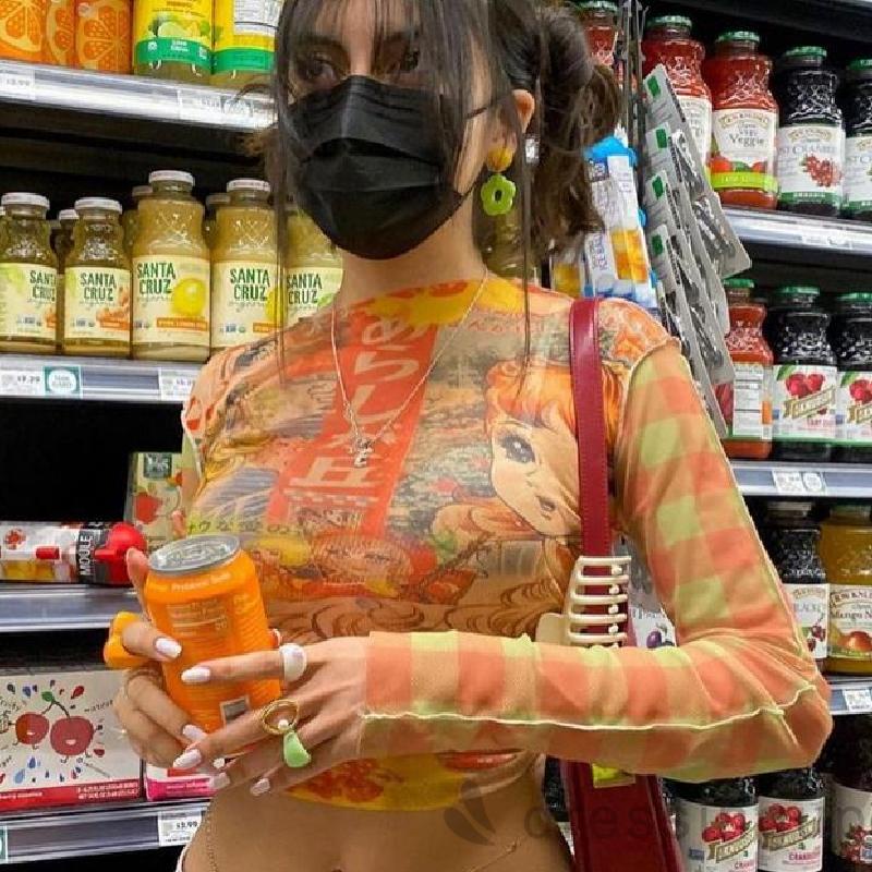 Áo thun tay dài cổ tròn in họa tiết hoạt hình phong cách thời trang cho nữ