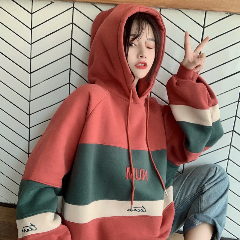 Áo hoodie nữ dày khoang màu kết hợp phong cách học sinh Hàn Quốc