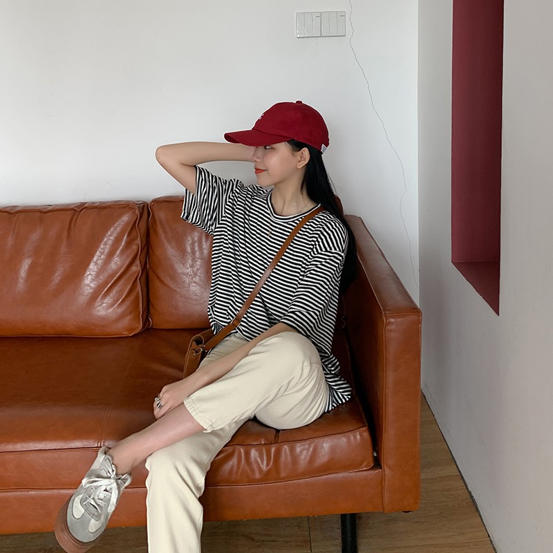 Áo thun nữ Ngắn tay Kẻ sọc ngang Mùa Hè Cổ tròn Cotton Áo phông nữ Tay ngắn Form rộng Sọc ngang Thời trang