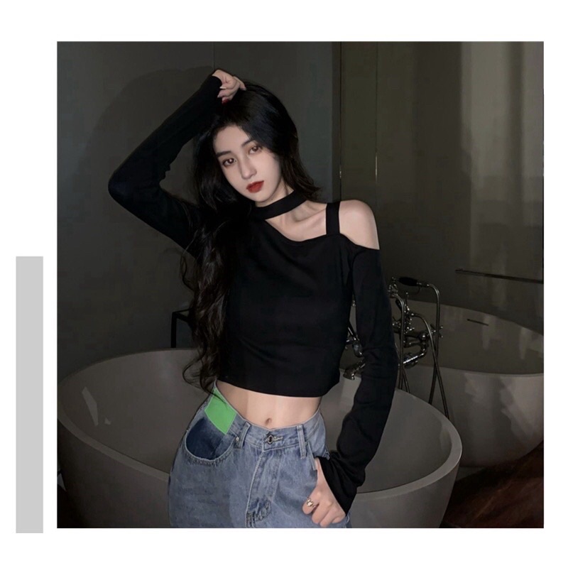 Áo thun nữ tay dài croptop trễ một bên vai phong cách cá tính