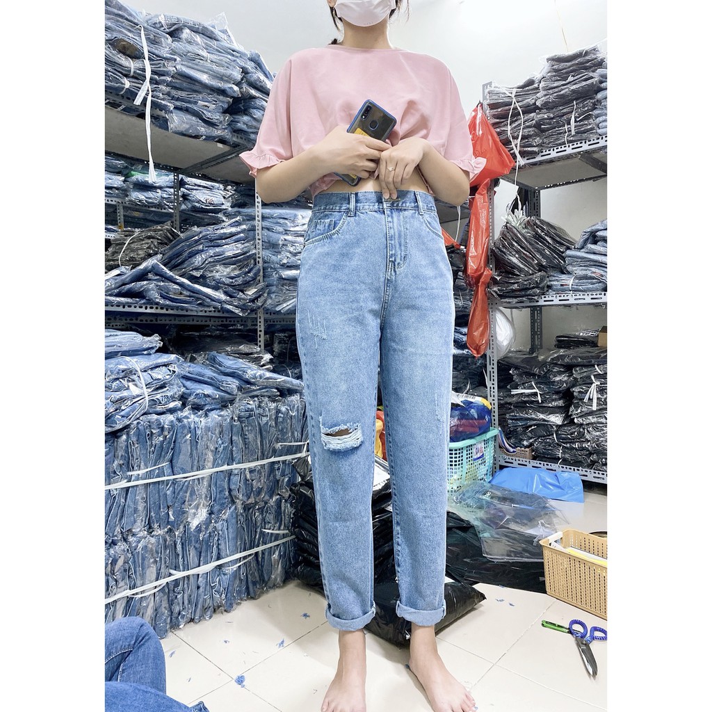 Quần Baggy Lưng Cao Trên Rốn, Xanh 3001Rách 1 Sườn / Trơn [Bigsize 30-36] QUẦN JEANS NỮ