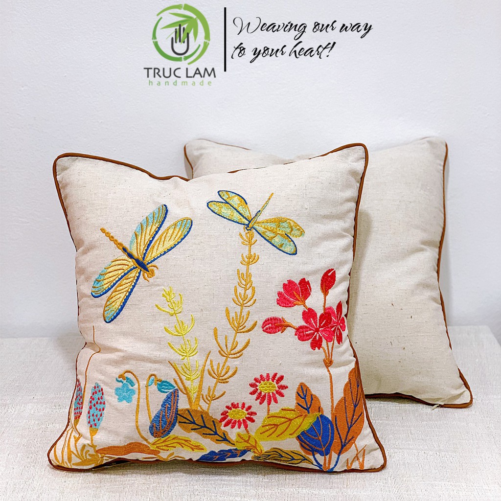Gối/Vỏ Gối Vuông Tựa Lưng Sofa(45x45) Trang Trí Phòng Vải Linen Thêu Thủ Công Hình Chuồn Chuồn Hoa Lá- Trúc Lâm Handmade