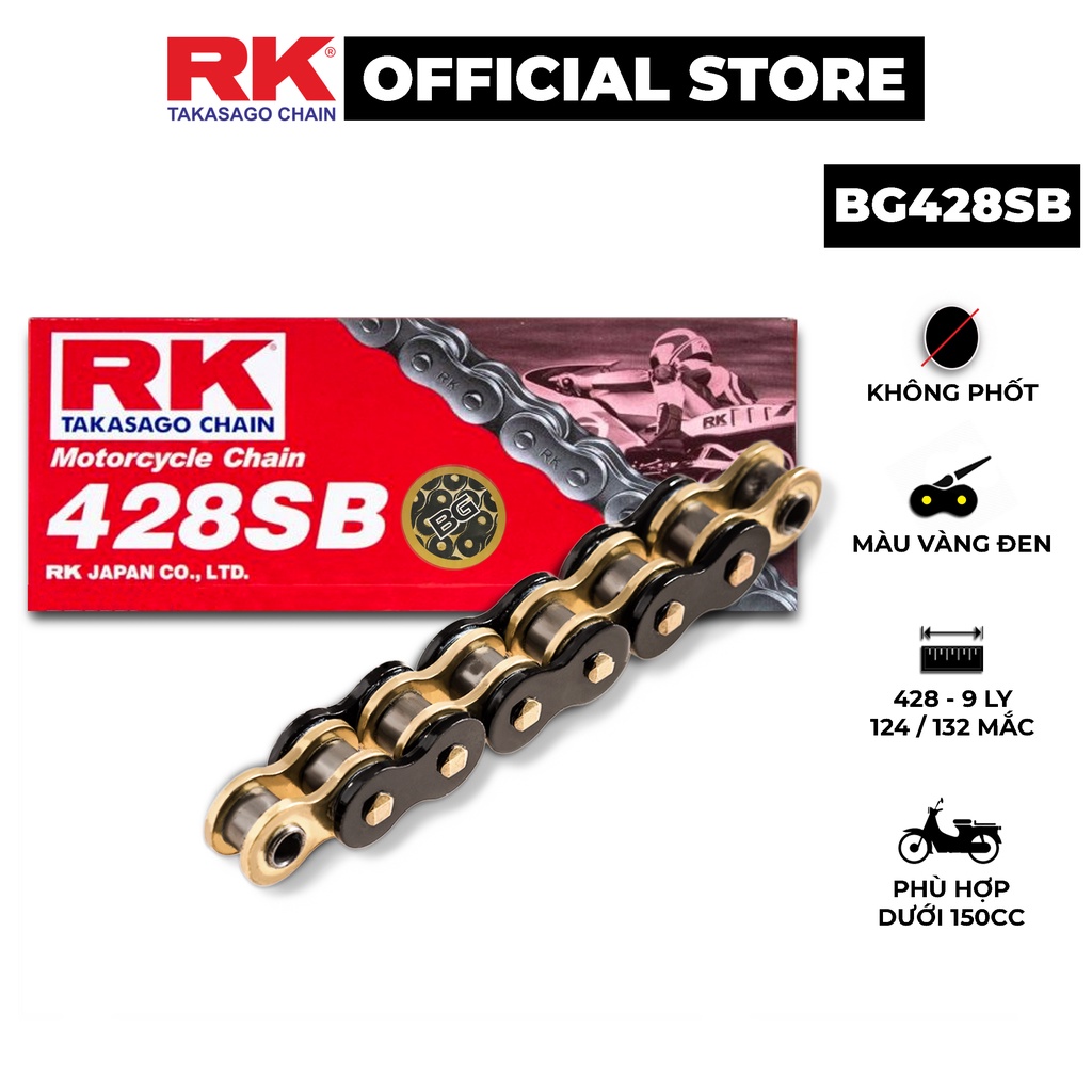 Sên xe máy RK Takasago Chain mã BG-428-SB, màu vàng đen, không phốt cao su, kích thước 9 ly - 428, 124 / 132 mắc sên