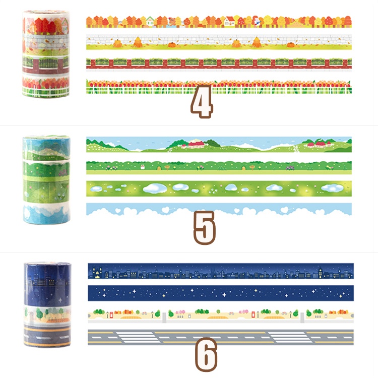 4 Cuộn Băng Keo Washi Hình Phong Cảnh Dùng Trang Trí Nhật Ký, Sổ Tay