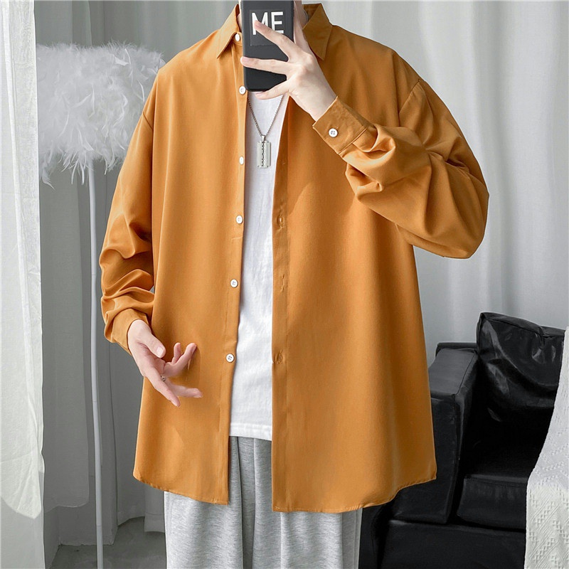 Áo Khoác Sơ Mi Tay Dài Dáng Rộng Màu Trơn Thời Trang Retro Nhật Hàn Cho Nam