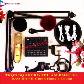 Bộ thu âm live stream sound card V8 bản tiếng Anh, Micro Bm 900 đầy đủ phụ kiện ( kẹp bàn mic,màng lọc âm ,dây kết nối ,