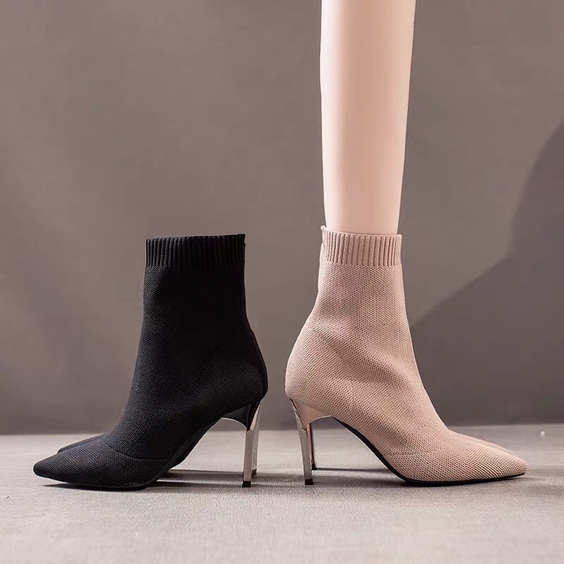 Boot vải mũi nhọn co giãn cao gót hàng QC