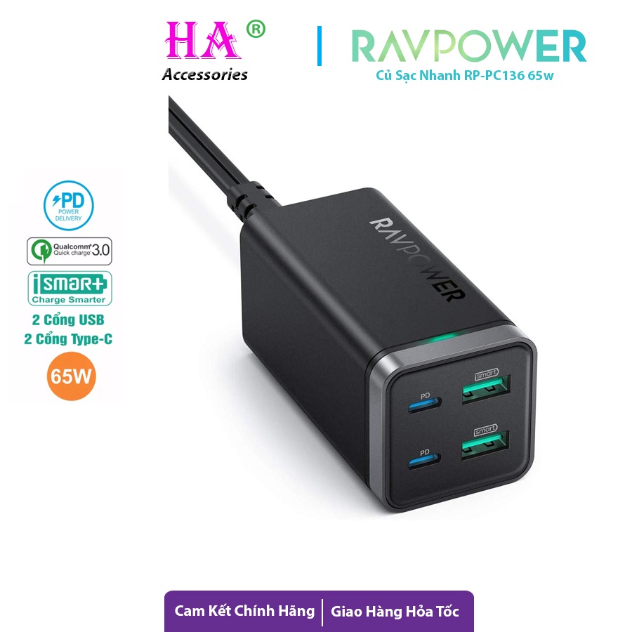 Củ Sạc RAVPower RP-PC136 2 cổng Type C 2 cổng USB , Công suất 65w Sạc Nhanh Điện Thoại Laptop Máy Tính