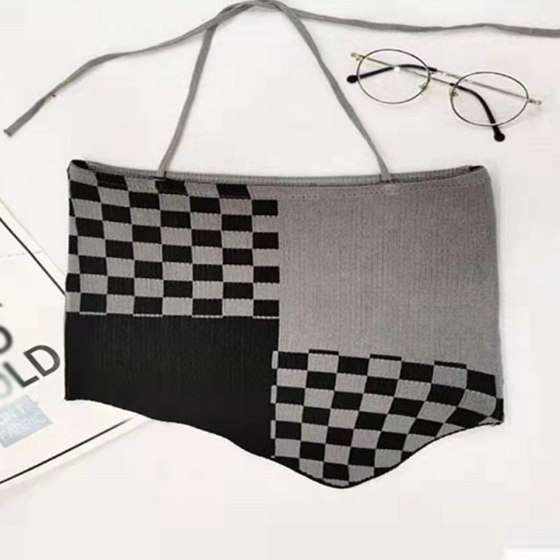 Áo croptop dệt kim không tay dáng ôm in họa tiết caro thời trang cho nữ