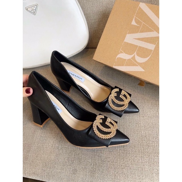 Bán sỉ Giày cao gót nữ da lì gót vuông 7p tag đá GC vàng hot trend