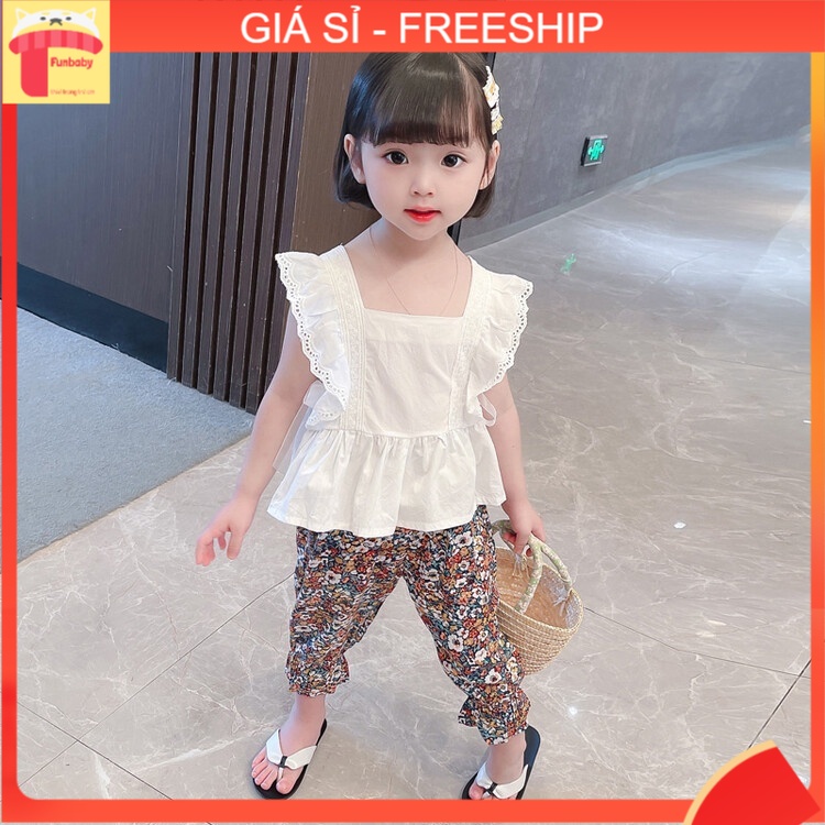 Áo kiểu bé gái 1-6 tuổi vai bèo phối ren, Áo sát nách cho bé vải thô mềm hàng Quảng Châu cao cấp dáng thời trang