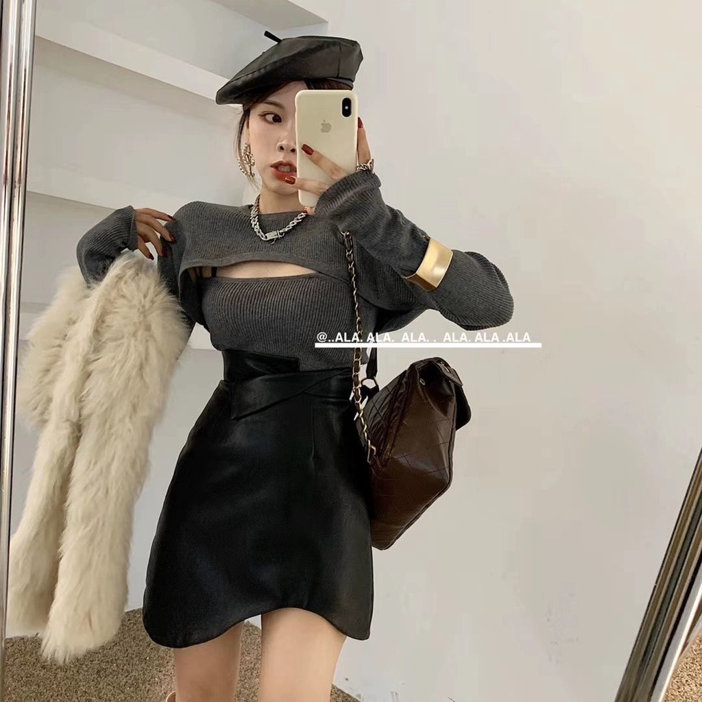 Chân váy chữ A bằng da PU phong cách Hàn Quốc dành cho nữ