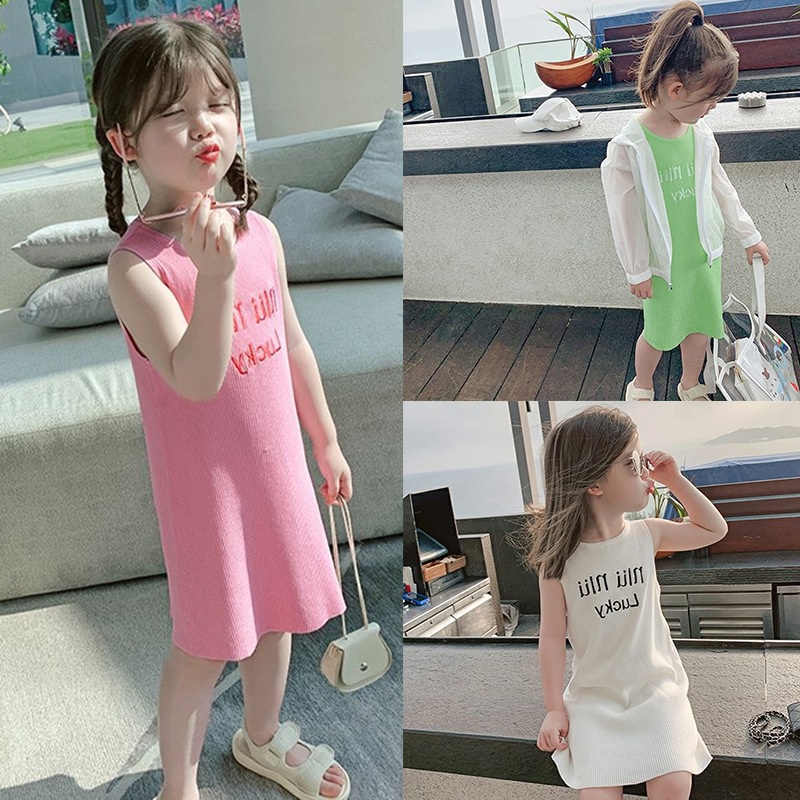Đầm Hai Dây In Chữ Thiết Kế Mới Thời Trang Mùa Hè Dành Cho Bé Gái