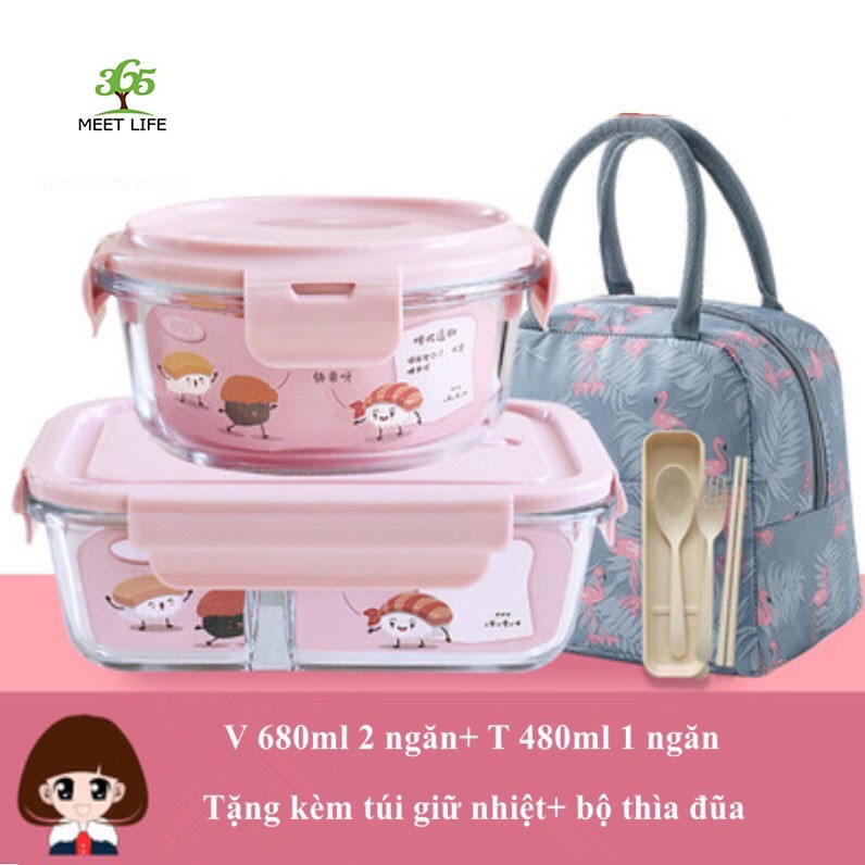 [Loại 1] Hộp cơm thủy tinh chia 2 ngăn 680ml + 410ml tặng túi + đũa thìa tiện dụng