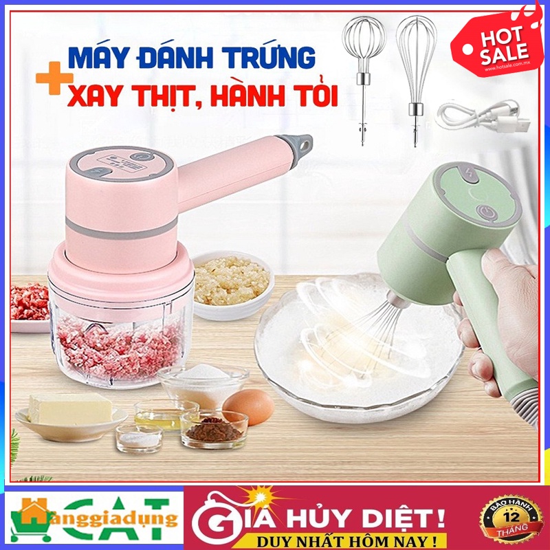 Máy xay tỏi ớt đa năng, Kèm máy đánh trứng, Máy xay mini cầm tay, xay thịt, xay đồ ăn dặm đa năng, gọn nhẹ