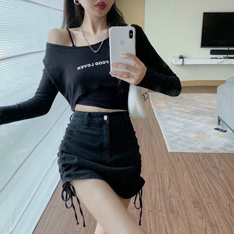 Chân váy kaki chữ A rút dây 2 bên cực xinh , chất kaki dày dặn co giãn