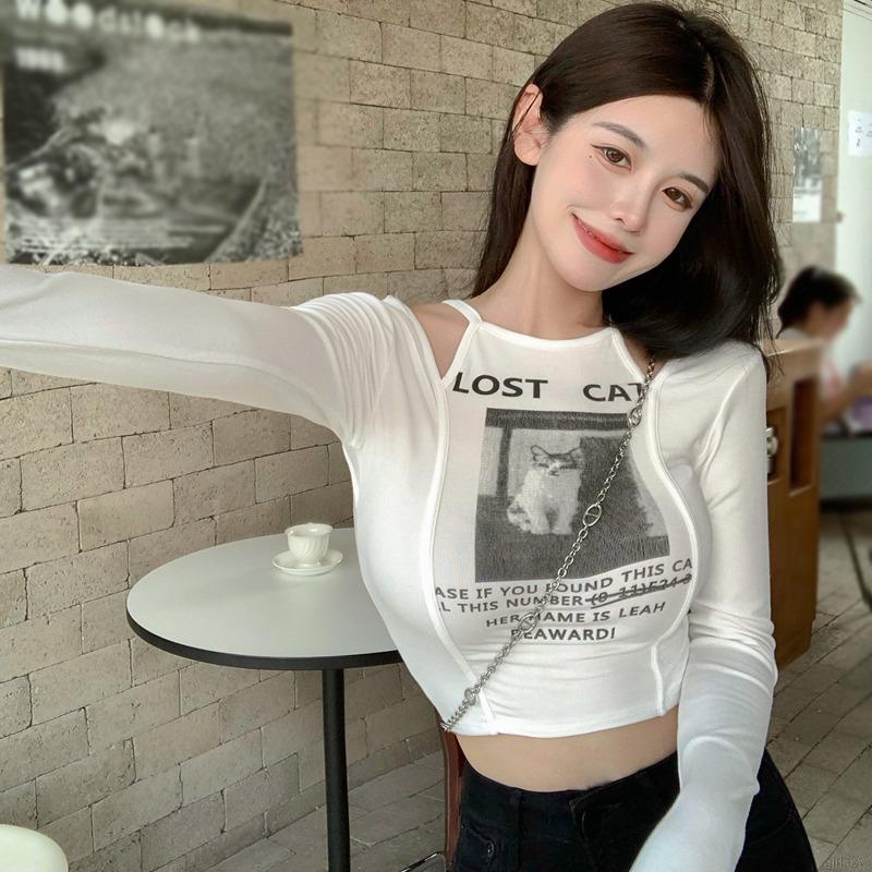 Áo thun lửng tay dài khoét vai gợi cảm cho nữ