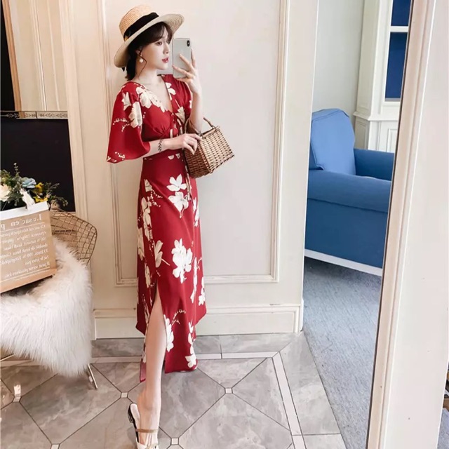 (Order) có big size Đầm maxi hoạ tiết hoa to cổ V phối bèo, xẻ chân 2019