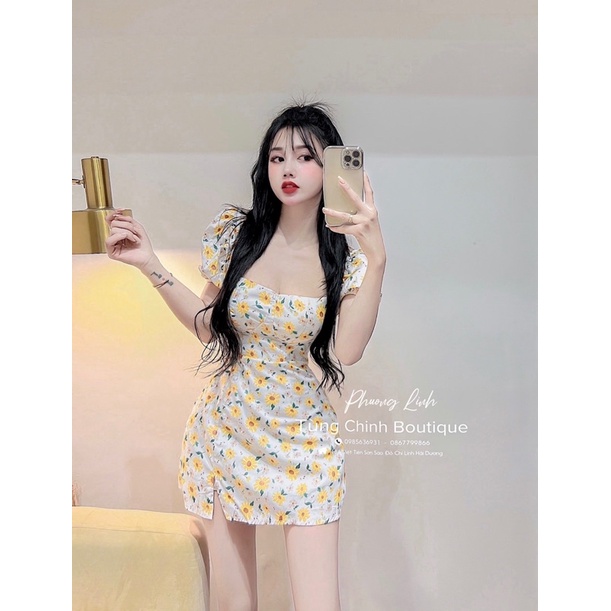 Váy hoa tay bồng cổ vuông hoạ tiết dâu tây hoa lá siêu xinh