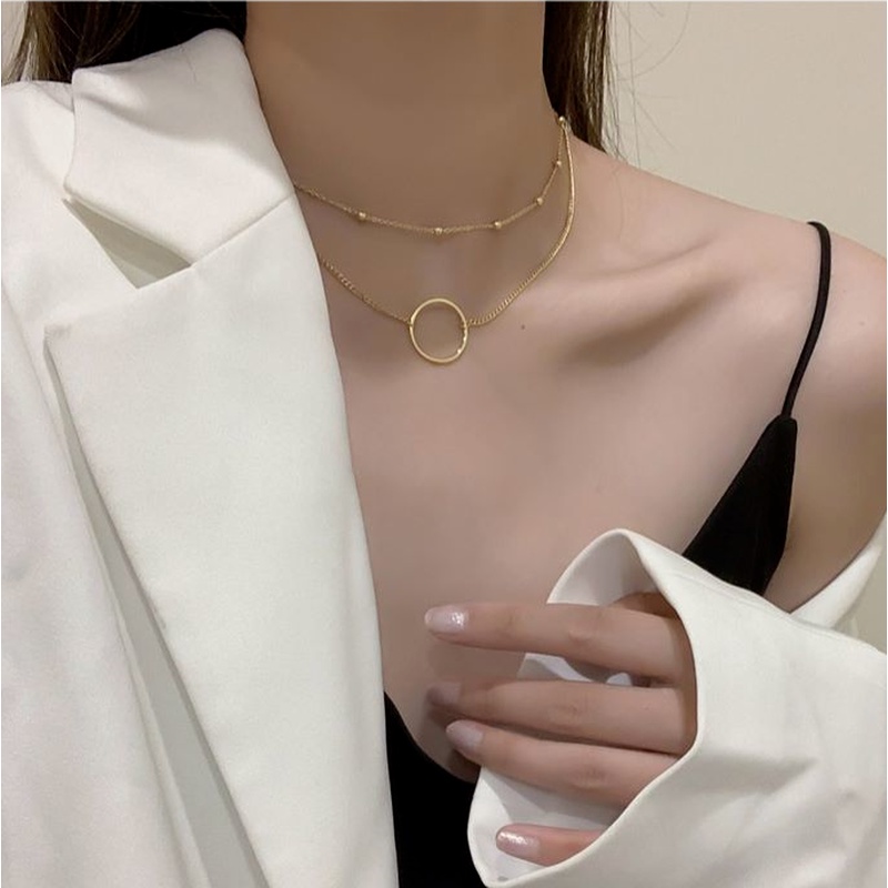 Dây chuyền hai lớp bằng thép titan mạ vàng 18K phối mặt hình tròn cao cấp thời trang cho nữ