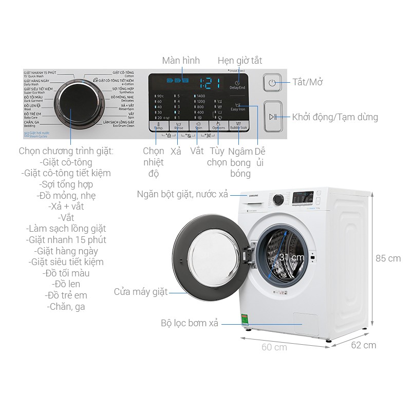 Máy giặt 9kg Samsung Inverter 9 kg WW90J54E0BW/SV lồng ngang