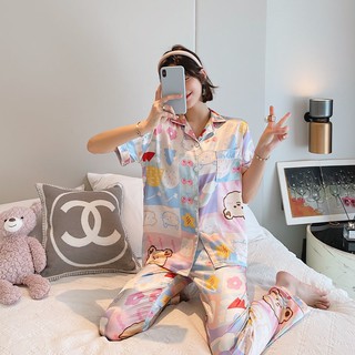 Đồ bộ Pyjama lụa, đồ bộ Pijama lụa nữ quần dài (Gấu hồng)