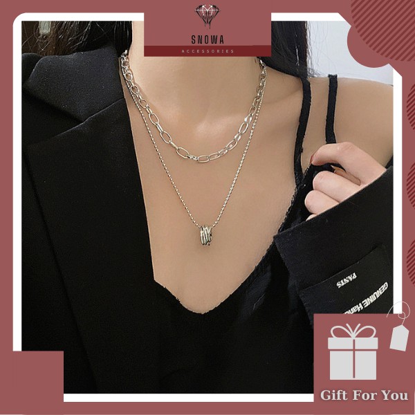 Vòng cổ choker, dây chuyền bạc titan nam nữ cao cấp SNOWA mặt tròn