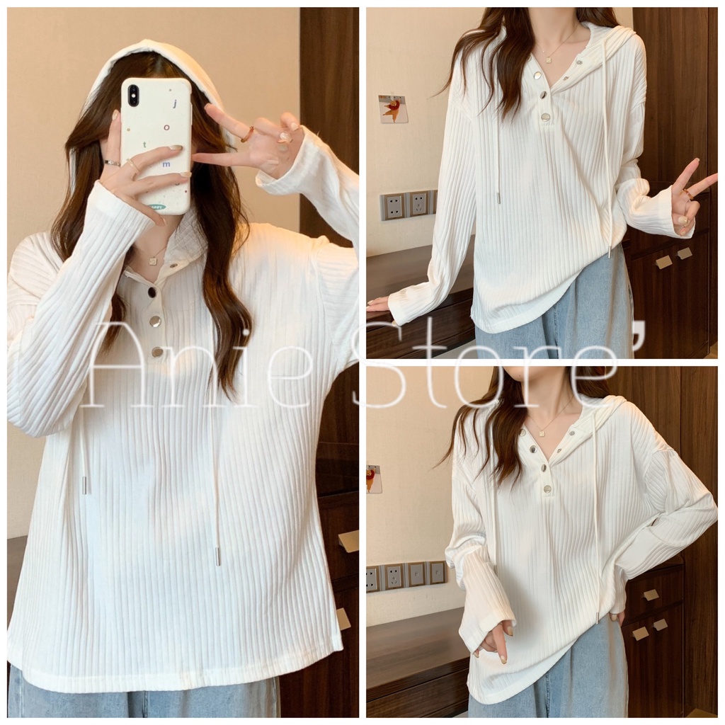 Áo Hoodie Nữ Mỏng Vải Nhung 🦋 Áo Thun Dài Tay Cúc Bấm 3 Màu 🦋