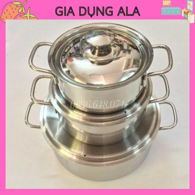 Bộ Nồi Inox Bếp Từ 3 Nồi, Nồi Inox 24cm 20cm 16cm Cao Cấp Dùng Cho Mọi Loại Bếp