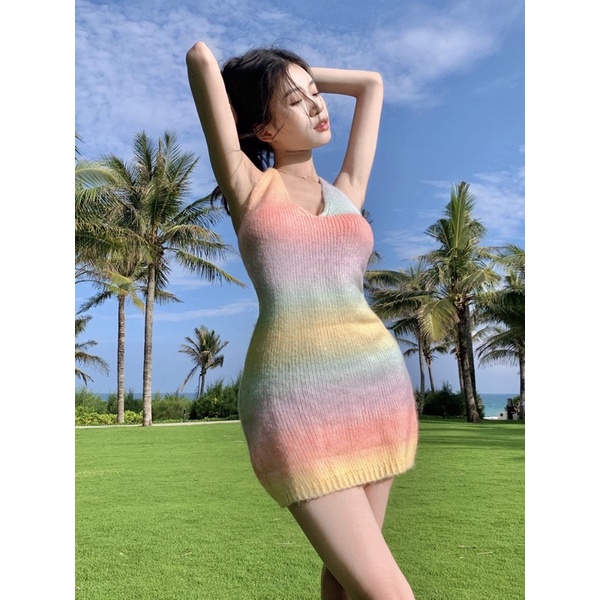 Đầm cổ yếm len QC mỏng nhẹ