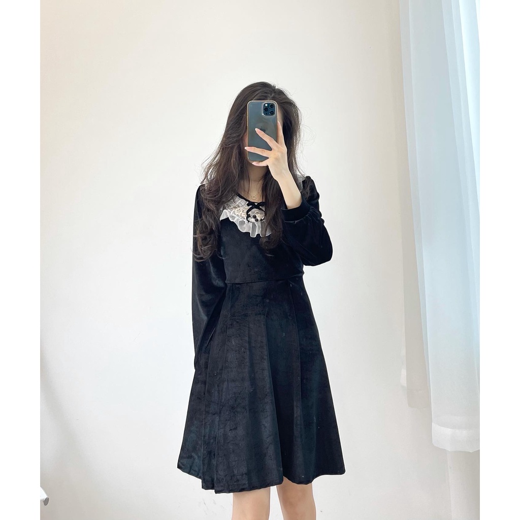 (FREESHIP) đầm nhung đen cổ bèo trắng miho.house