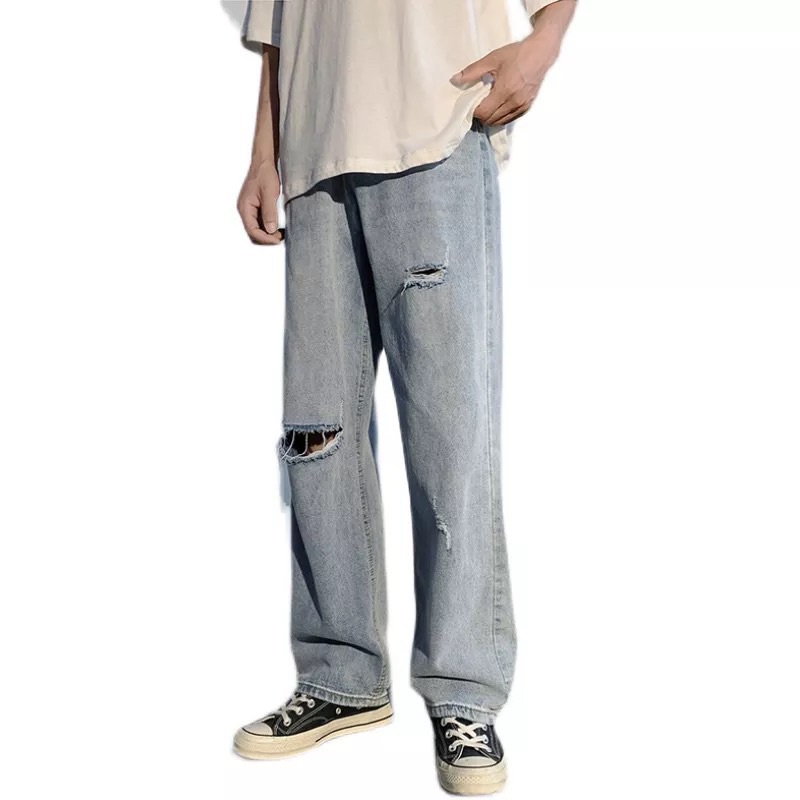 QUẦN BAGGY JEANS ỐNG RỘNG RÁCH DÁNG ĐỨNG PHONG CÁCH HÀN QUỐC-QJR022-THỜI TRANG UNISEX-Dể phối đồ rách gói màu xanh bạc