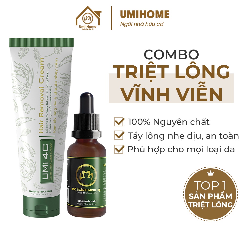 Triệt lông Ngực Bụng vĩnh viễn tại nhà bằng Mỡ Trăn U Minh Hạ 30ml và Kem tẩy lông Umi 4C 100ml UMIHA ORGANIC tại nhà