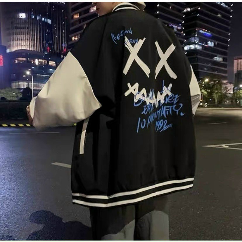 Áo Khoác bomber da lộn In Hình mặt cười Sau Lưng Xanh Đen Ảnh Thật Siêu Đẹp Cá Tính Phong Cách- AQSTORE