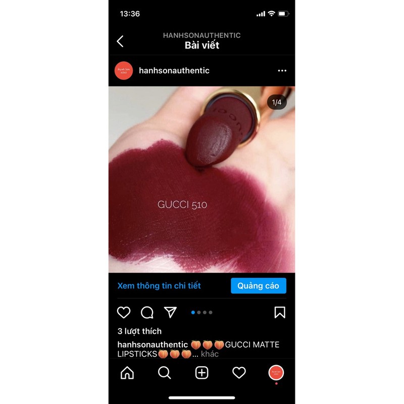 ✅|𝗦𝗵𝗼𝗽 𝗨𝘆 𝗧𝗶́𝗻| Son lì GUCCI 510 matte Đỏ rượu Burgundy