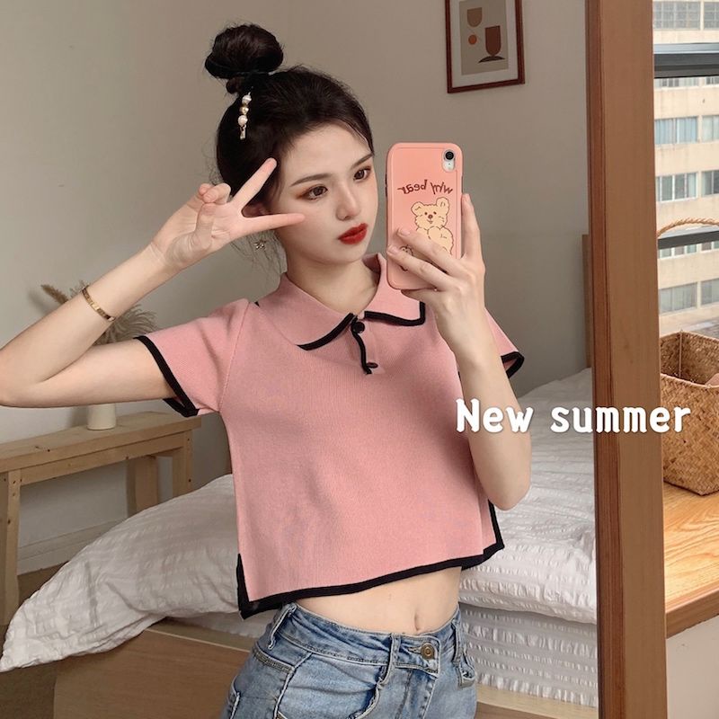 Áo Thun Dệt Kim Tay Ngắn Cổ Polo Dáng Ôm Thời Trang Mùa Hè Hàn Quốc 2022 Dành Cho Bạn Nữ