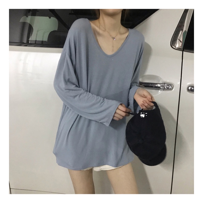 Áo thun nữ tay dài cổ chữ V màu sắc thời trang