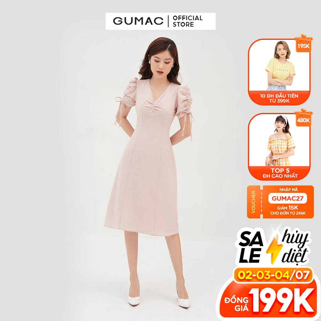 [Mã WABRGU72 giảm 10% tối đa 50k đơn 250k] Đầm nữ dáng chữ A nhún ngực và tay GUMAC màu hồng sang trọng DB322