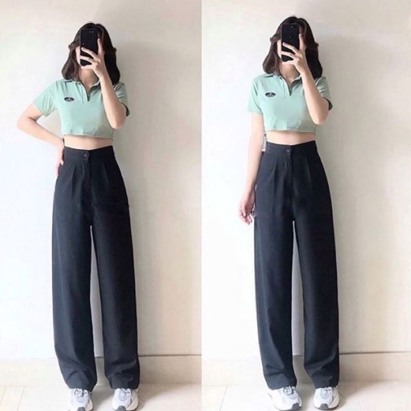 Quần ống rộng nữ dài công sở culottes lưng cao vải mềm trơn - Quần suông đen đi học chất tuyết mưa vải dáng mặc học sinh