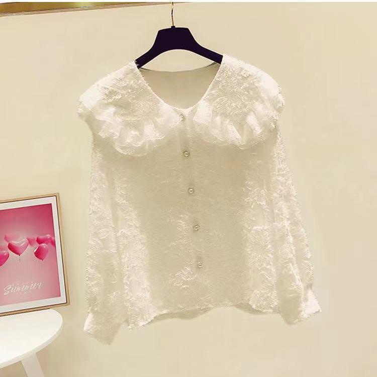 Áo Sơ Mi chiffon Phối Ren Tay Dài Dày Dặn Cổ Búp Bê Dễ Phối Đồ Cho Nữ