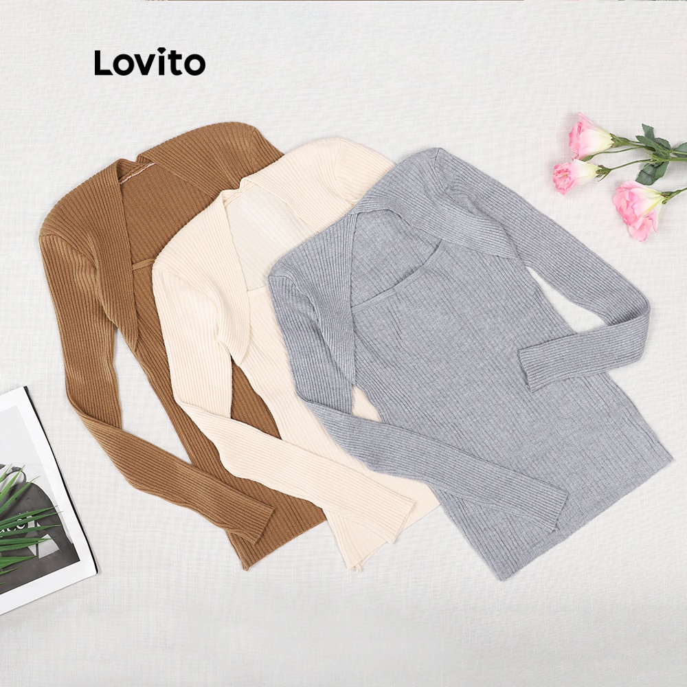 Áo sweater Lovito dáng ôm tay dài cổ vuông giản đơn duyên dáng hợp thời trang L08219 (be/cà phê) | BigBuy360 - bigbuy360.vn
