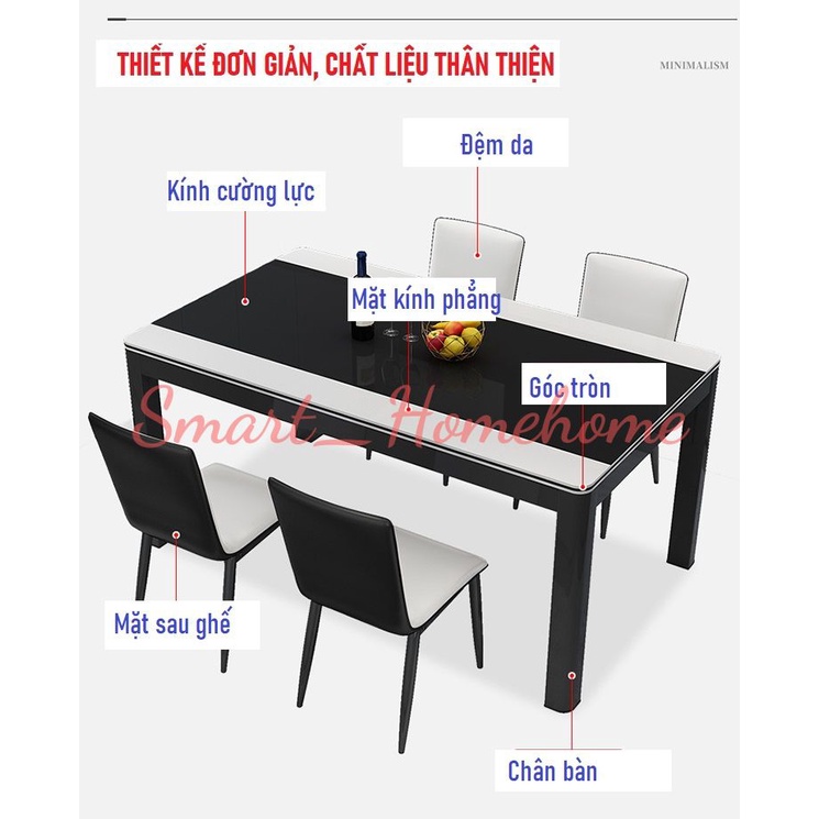 Bộ bàn ăn cao cấp 4-6 người tiết kiệm cho căn hộ nhỏ- hình chữ nhật mặt kính cường lực smart_homehome RE0687-RE0707