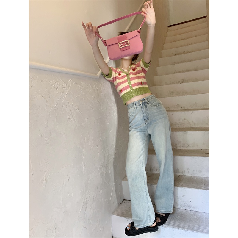 Áo croptop Xiaozhainv dệt kim ngắn tay cổ chữ V họa tiết kẻ sọc phong cách Hàn Quốc cho nữ