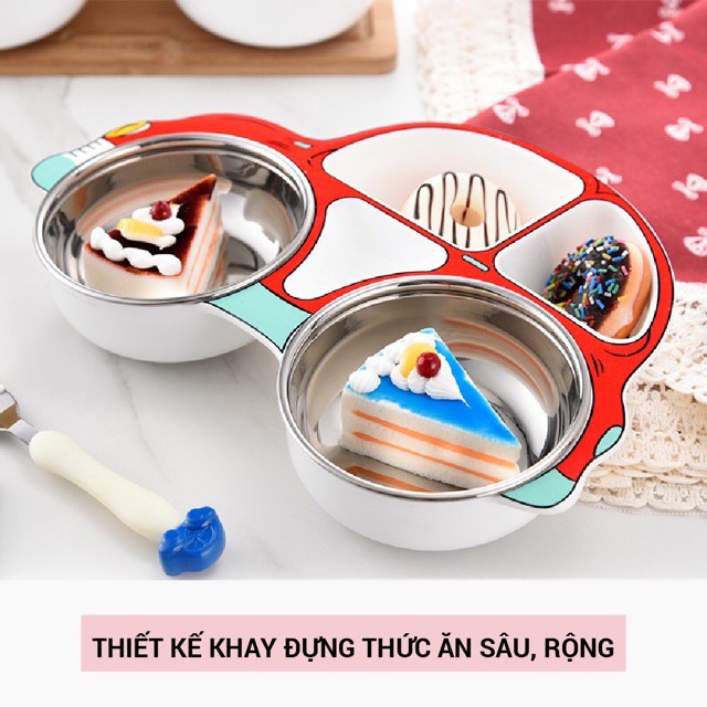 Khay ăn dặm chia ngăn cho bé Inox  hình ô tô Royalcare 0805 - Set 3 món: khay ăn chia ngăng - Thìa tập xúc - Dĩa tập ăn