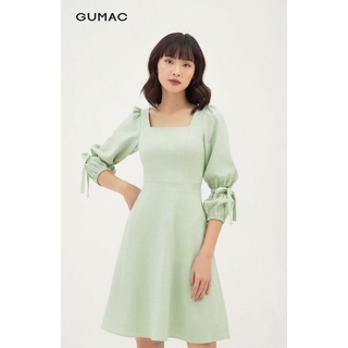 Đầm xòe nữ tay lỡ cổ vuông tay nơ GUMAC màu xanh trơn thanh lịch DB381