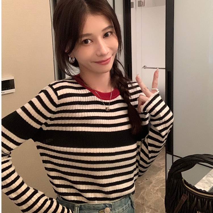 Áo len ZHELIHANGFEI thiết kế tay dài cổ tròn họa tiết kẻ sọc ngang thời trang dễ phối đồ cho nữ