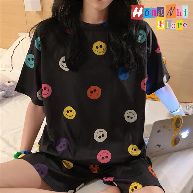 Bộ Thun Ngủ Hoạt Hình Tay Lỡ Kèm Túi Vải Phối Quần Short Oversize Ulzzang Dáng Rộng - MM